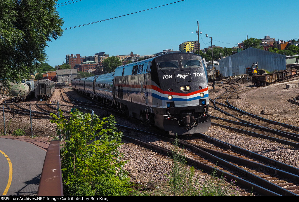 AMTK 708 leads the southbound Ethan Allen Express out of downtown Burlington, VT